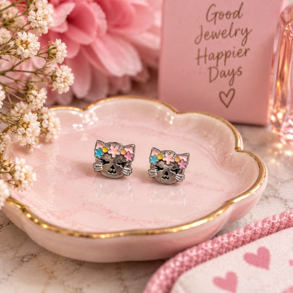 Silver Cat Stud Earrings, Floral Kitty Face, Enamel Flower Cute Kawaii Jewelry